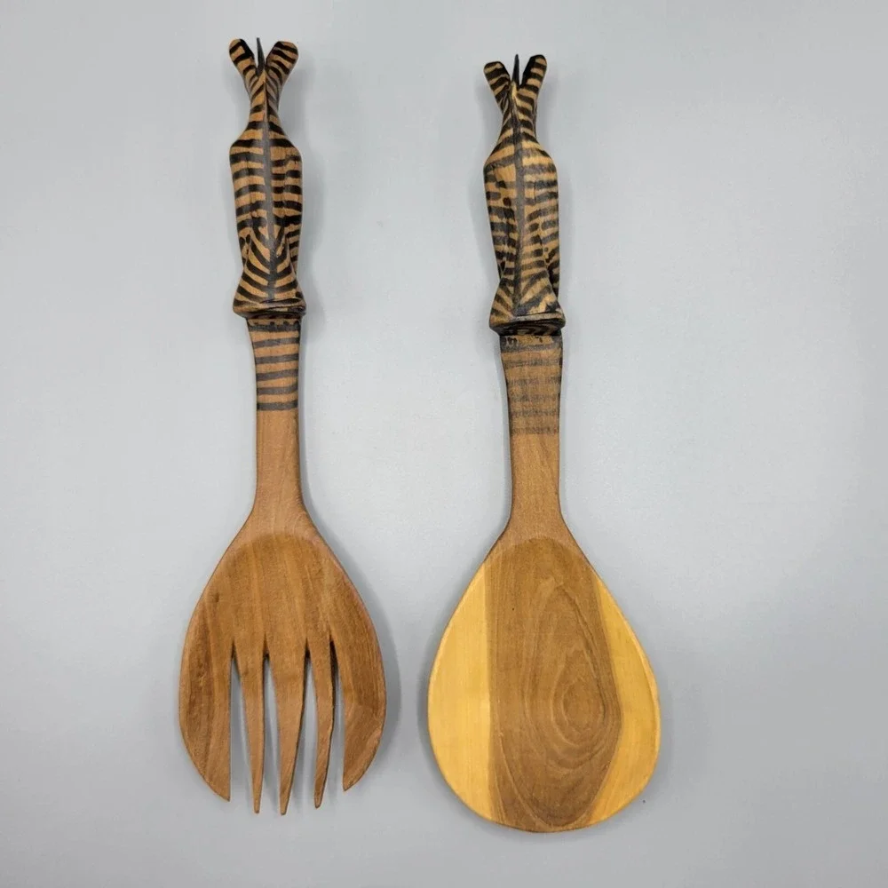 Hand Carved Wooden Sitting Zebra Salad Server Set Spoon & Fork